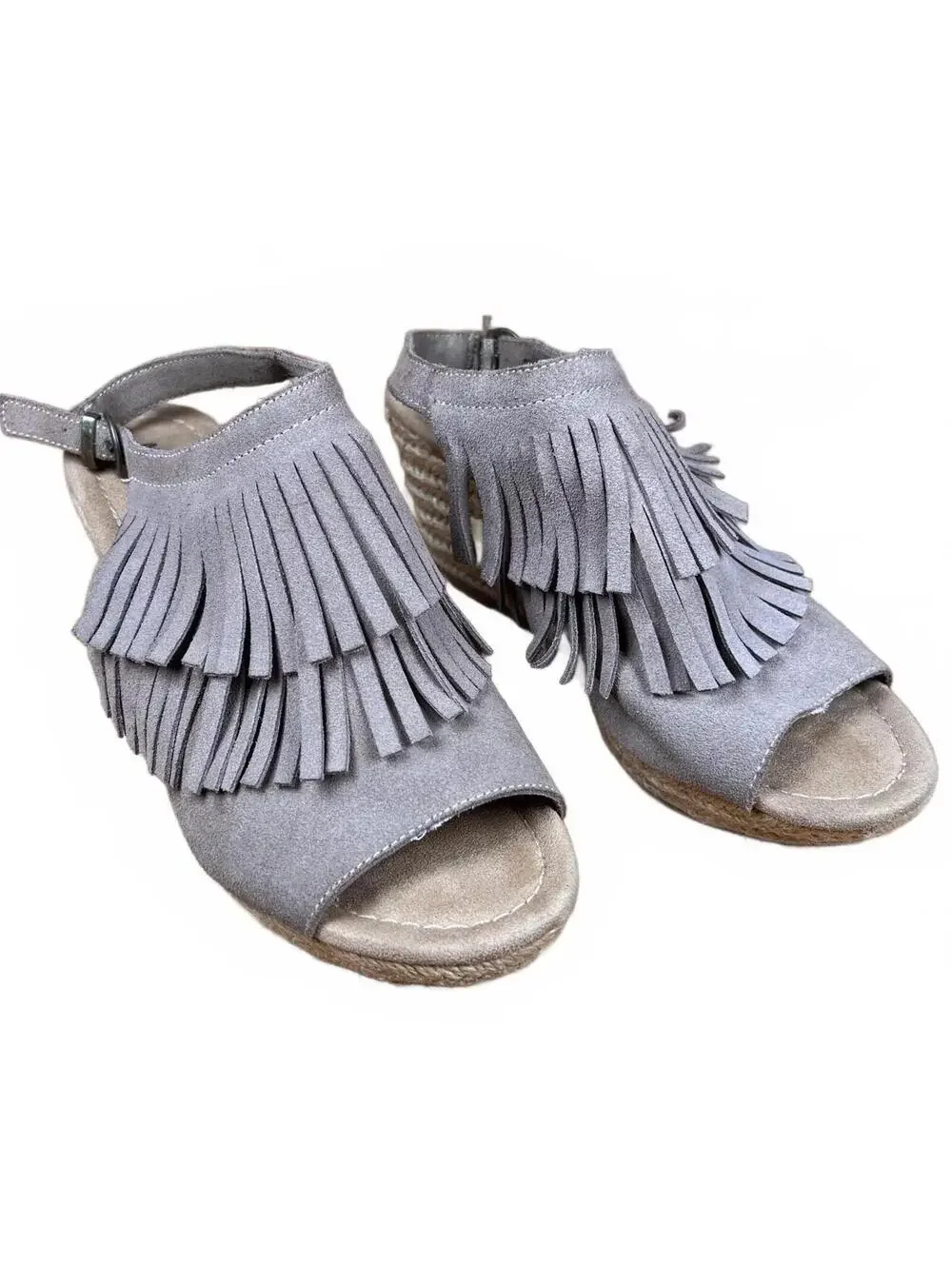 Women's Minnetonka Grey Suede Fringe Wedge Sandals Size 8